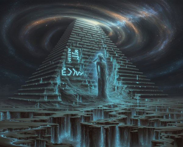 Illuminated Pyramid in a Cosmic Landscape with Symbols