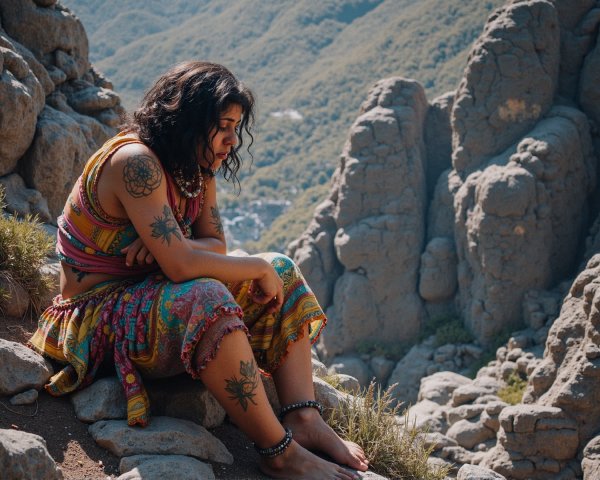 Young Woman in Vibrant Dress on Rocky Mountain Ledge