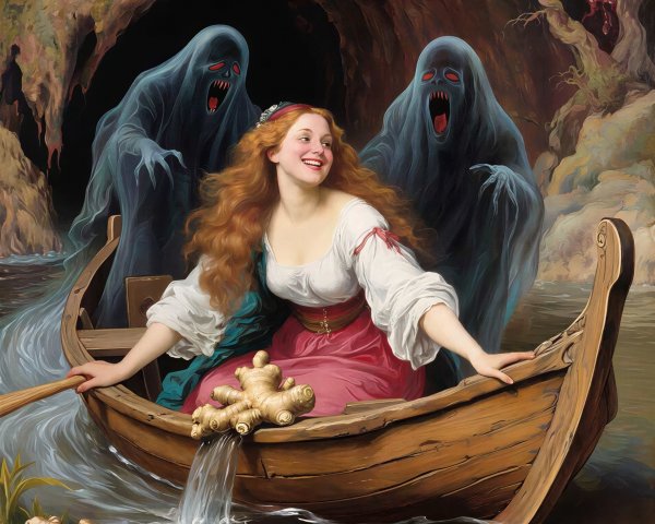 Detailed Artwork of Woman in Rowboat in Cave Setting