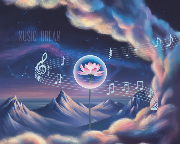Surreal Landscape with Mountains and Musical Notes