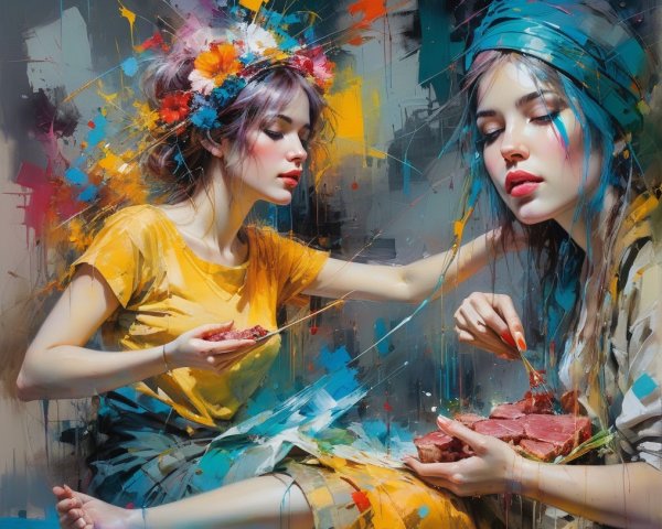 Young women with colorful hair in abstract setting