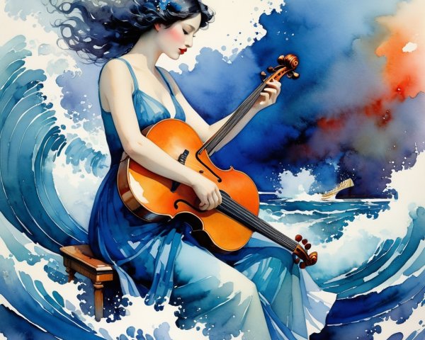 Woman in Blue Dress Playing Violin by Ocean Waves