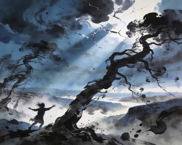 Ink Painting of a Figure in a Stormy Landscape