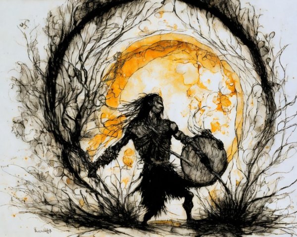 Warrior in Dynamic Pose with Shield and Foliage