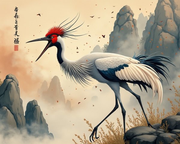 Majestic crane with red crown in serene landscape