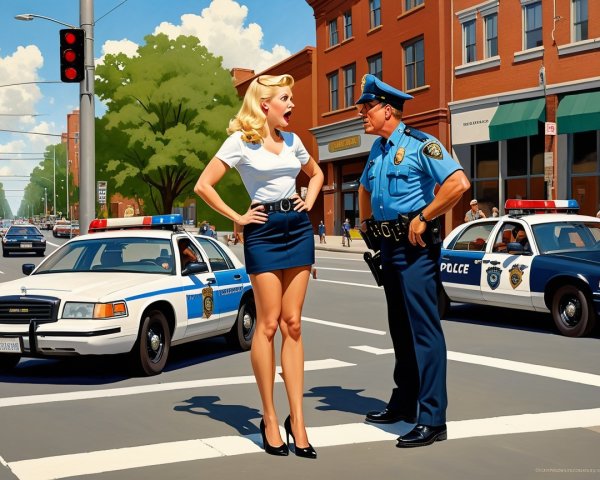 Vintage Urban Scene with Woman and Police Officer