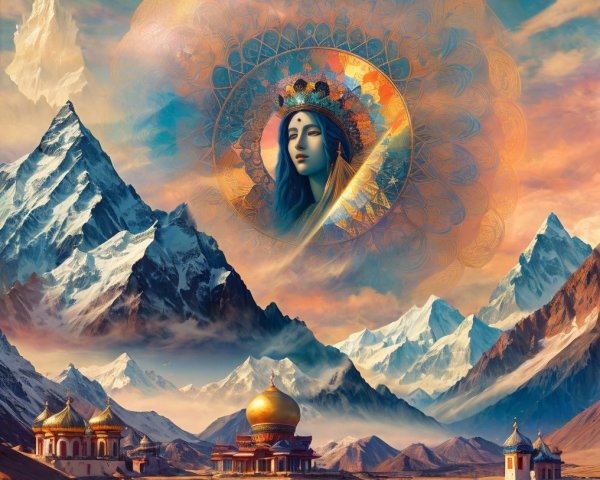 Serene Landscape with Mountains and Temples Under Sky