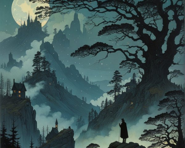 Mysterious landscape under a full moon with mist