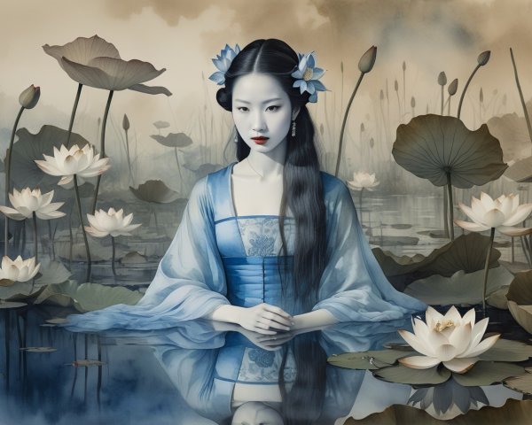 Chinese Woman in Lotus Pond with Traditional Dress
