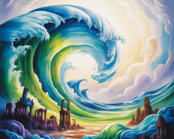 Vibrant Ocean Wave with Ancient Ruins and Dramatic Sky