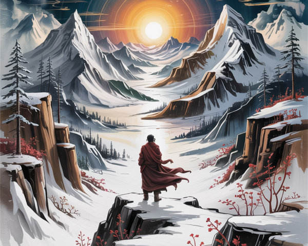 Serene Landscape with Snow-Capped Mountains and Sunset