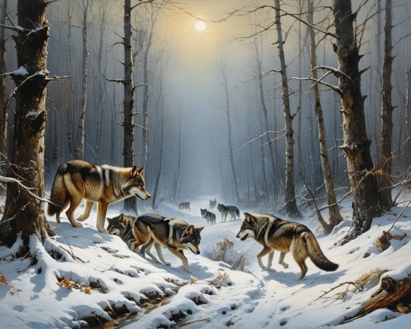 Wolves in a Serene Winter Forest Landscape