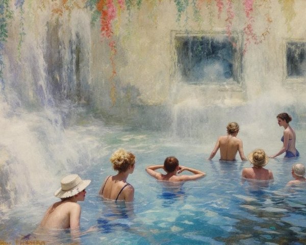 Tranquil Pool Scene with Waterfalls and Floral Decor