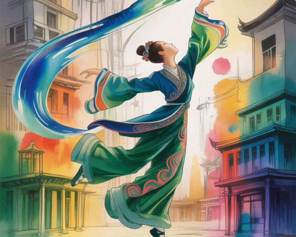Female Dancer in Colorful Cityscape with Vibrant Costume