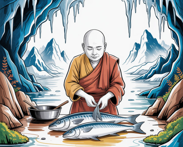 Calm Monk Prepares Fish in Serene Cave Setting