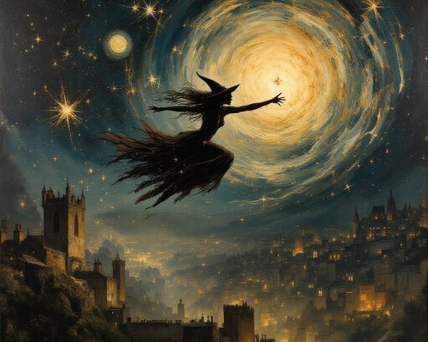 Silhouetted witch in cosmic vortex over medieval town