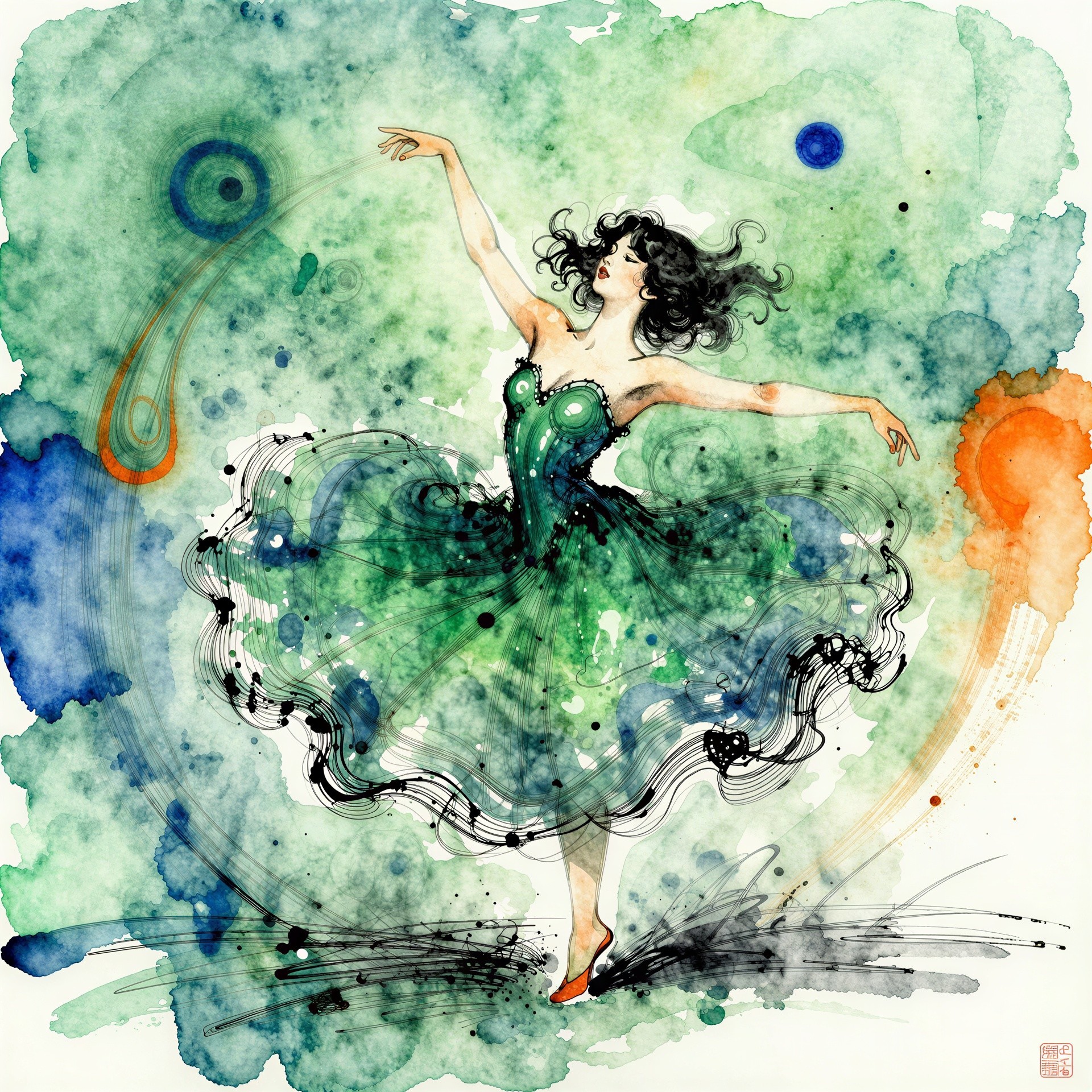 Vibrant Watercolor of a Dancing Woman in Green Dress