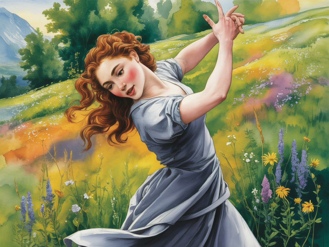 Young woman dancing in a vibrant meadow scene