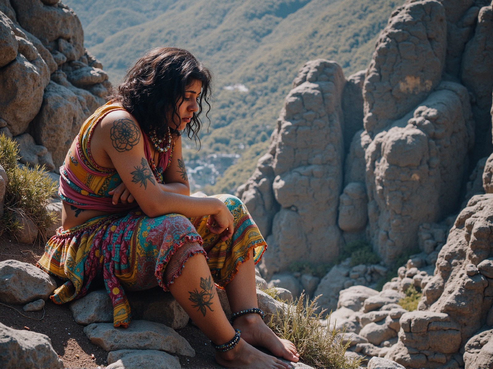 Young Woman in Vibrant Dress on Rocky Mountain Ledge