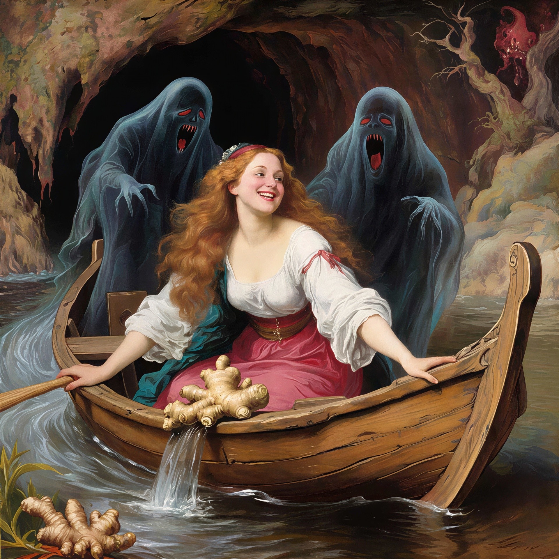 Detailed Artwork of Woman in Rowboat in Cave Setting
