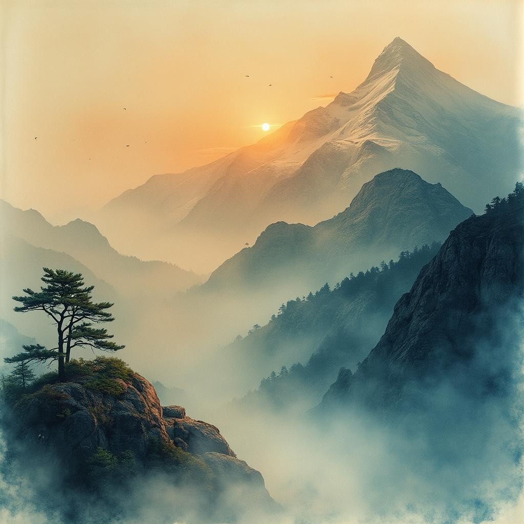 Serene Mountain Landscape at Sunrise with Mist