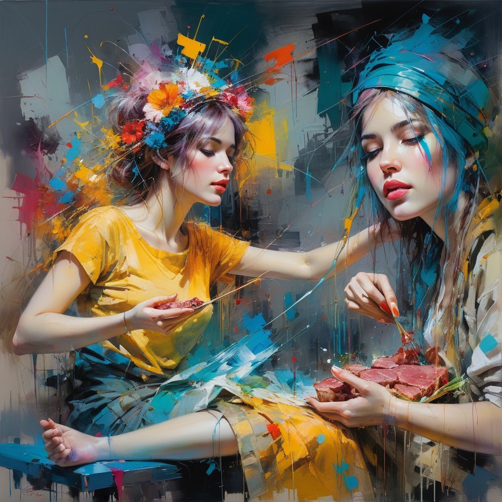 Young women with colorful hair in abstract setting