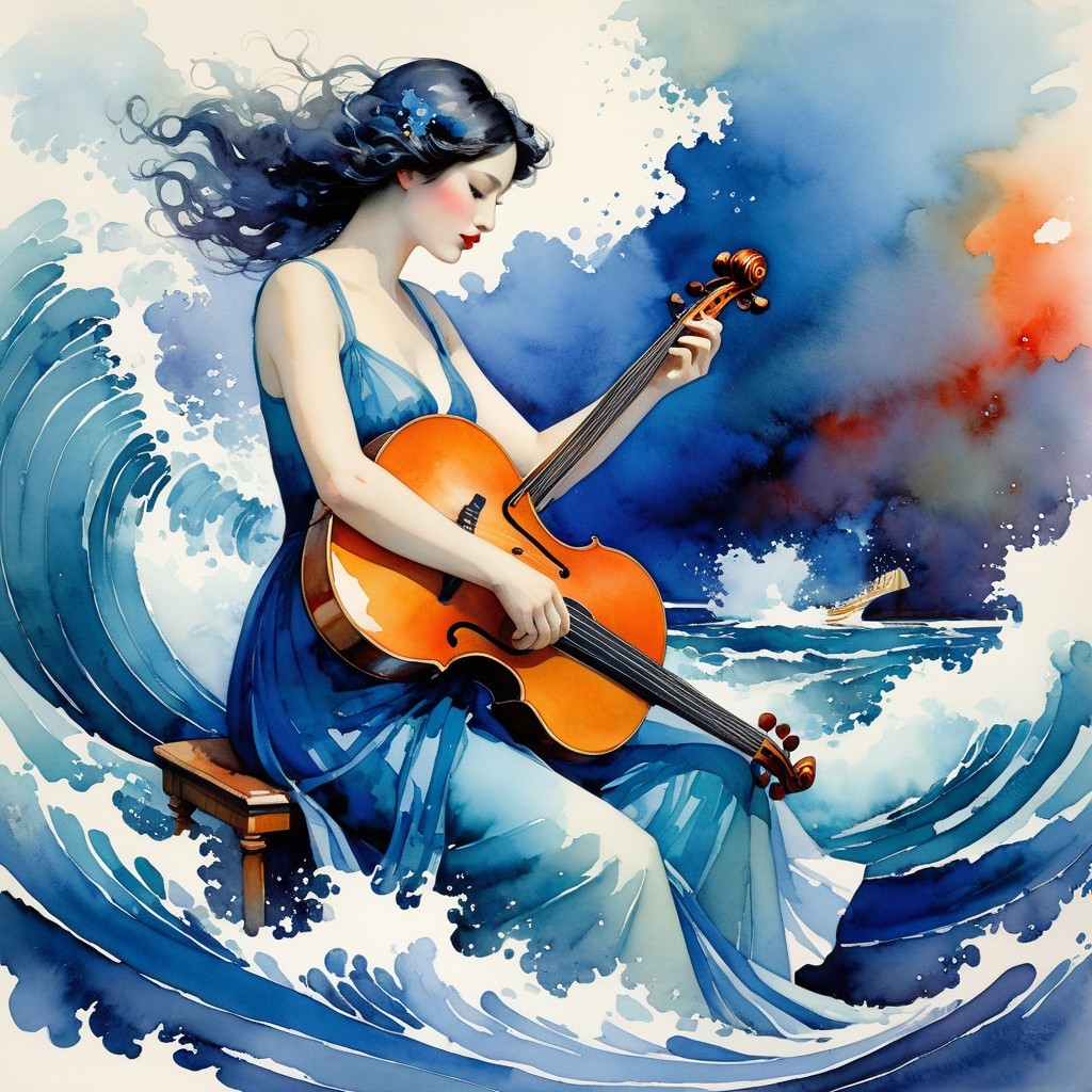 Woman in Blue Dress Playing Violin by Ocean Waves