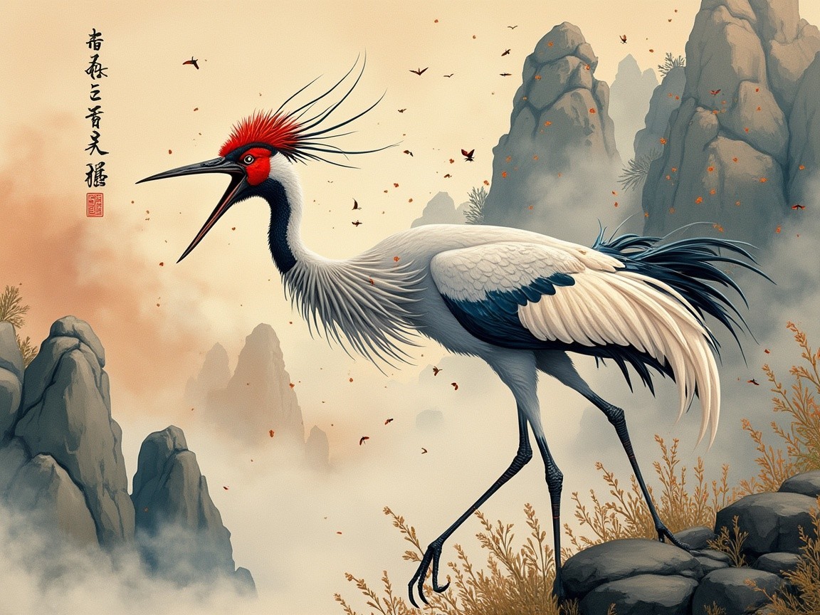 Majestic crane with red crown in serene landscape