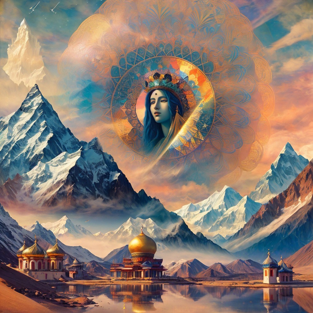 Serene Landscape with Mountains and Temples Under Sky