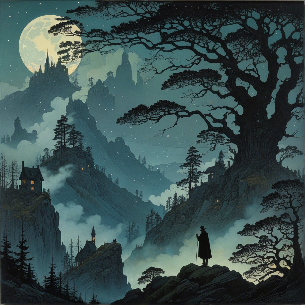 Mysterious landscape under a full moon with mist