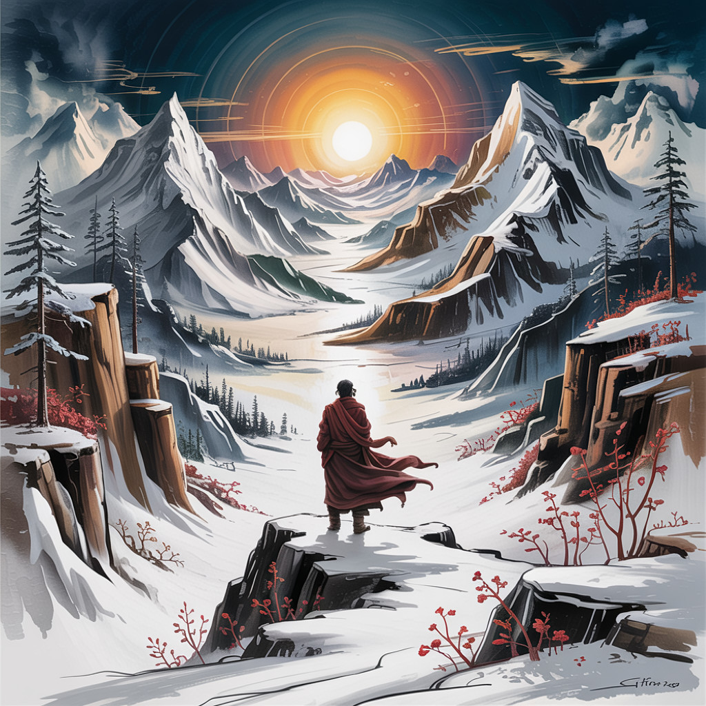 Serene Landscape with Snow-Capped Mountains and Sunset