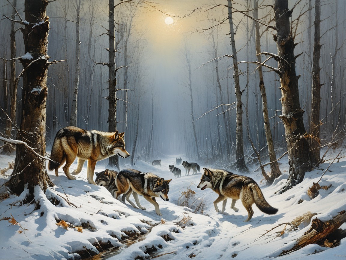 Wolves in a Serene Winter Forest Landscape