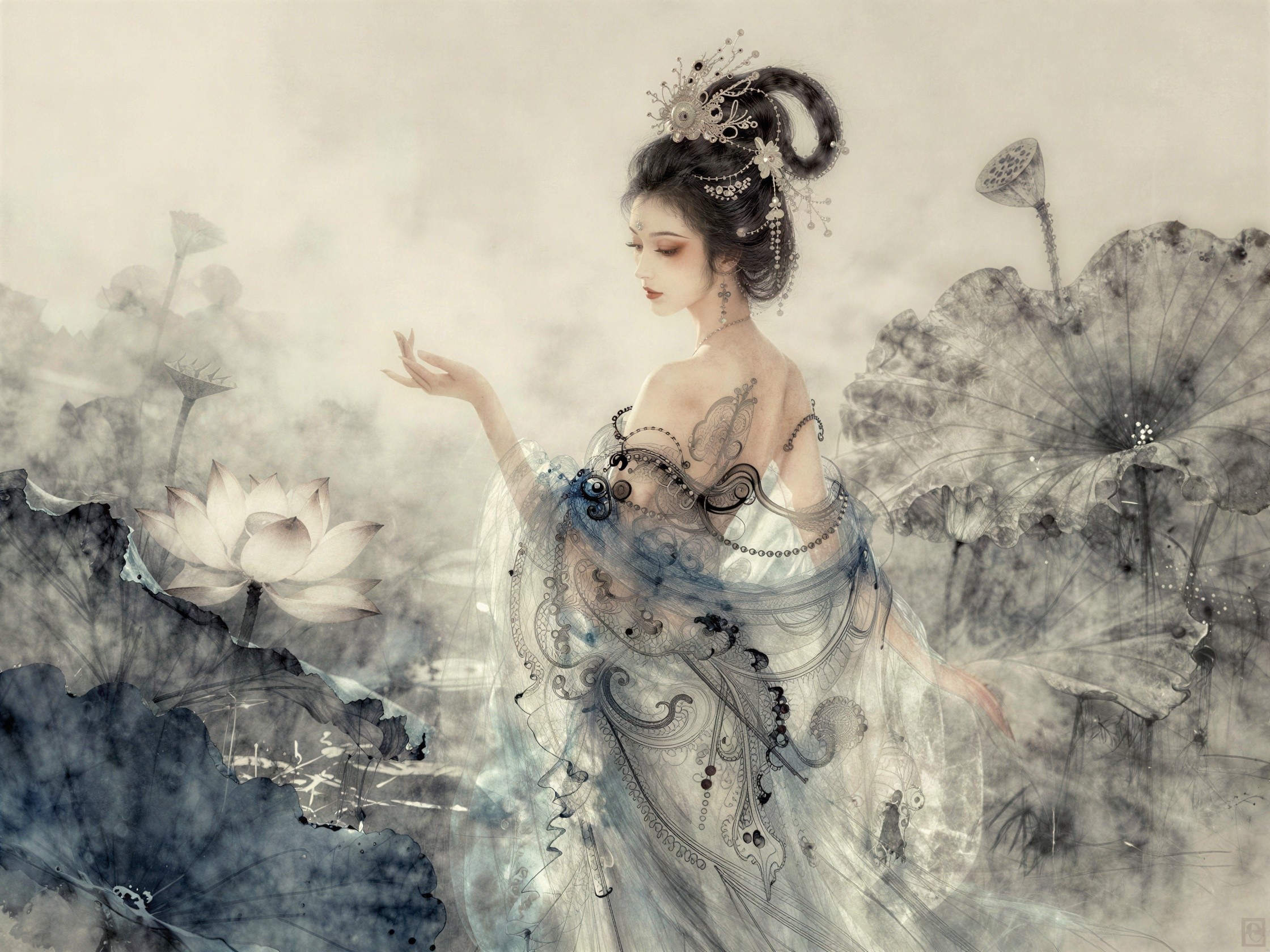 Digital Painting of Elegant Chinese Woman in Blue Dress