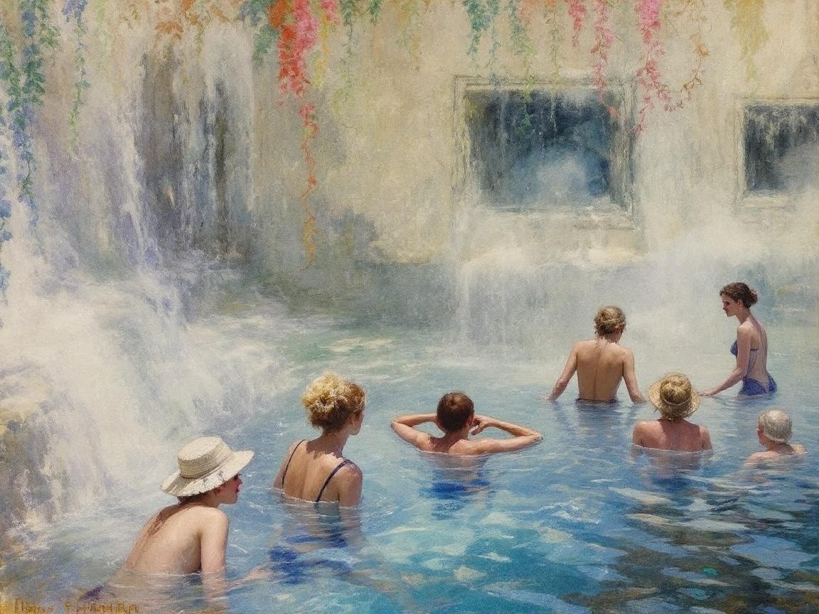 Tranquil Pool Scene with Waterfalls and Floral Decor