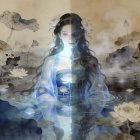 Chinese Woman in Lotus Pond with Traditional Dress