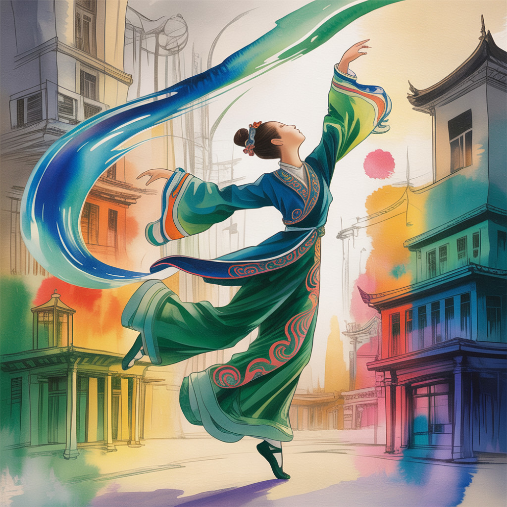 Female Dancer in Colorful Cityscape with Vibrant Costume