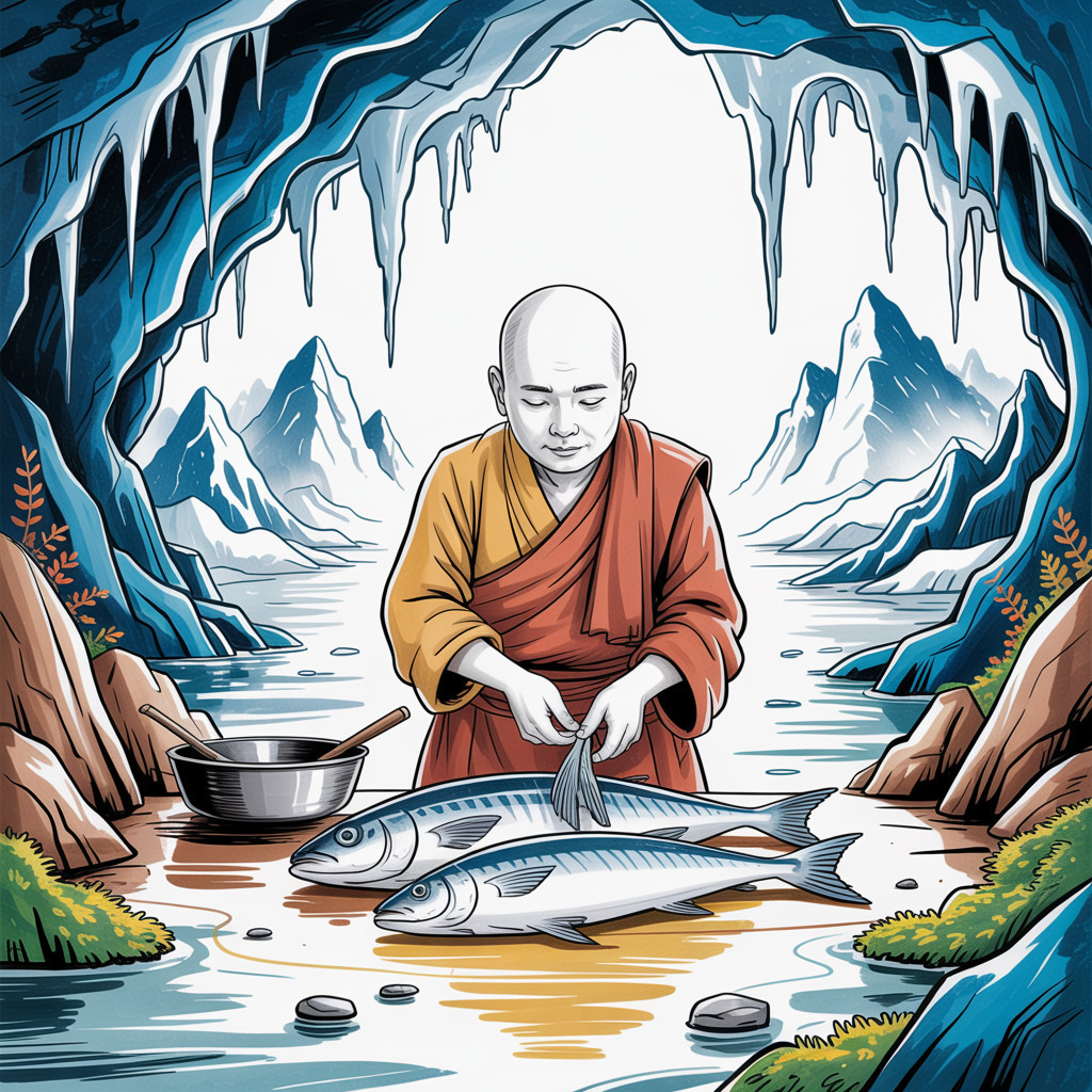 Calm Monk Prepares Fish in Serene Cave Setting