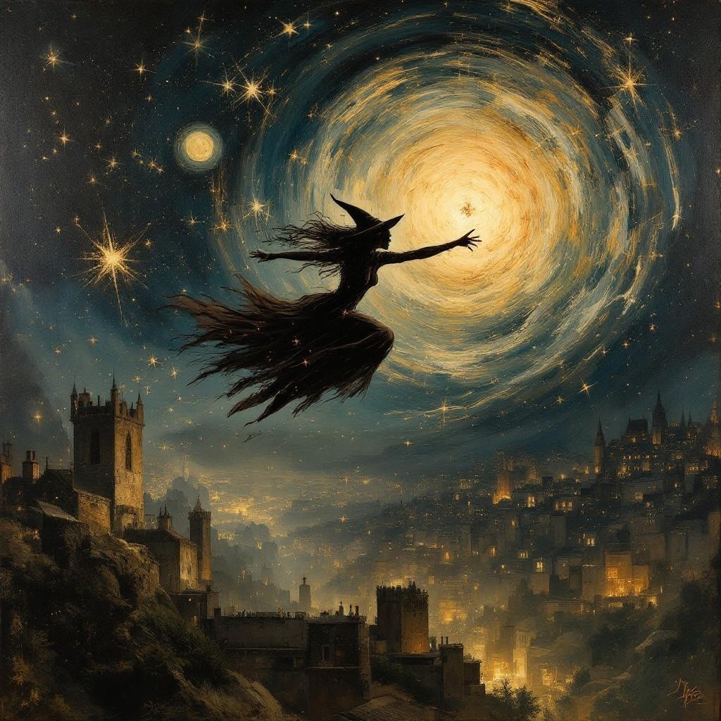 Silhouetted witch in cosmic vortex over medieval town