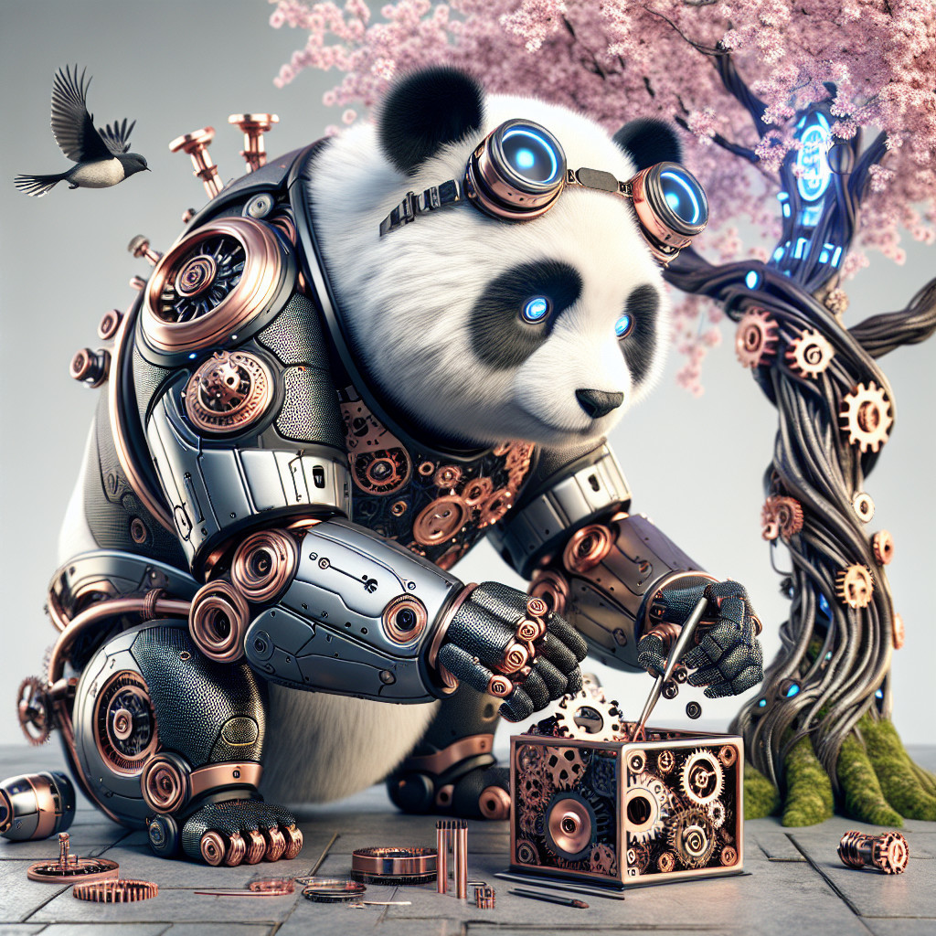 Futuristic Panda with Steampunk Elements in Nature