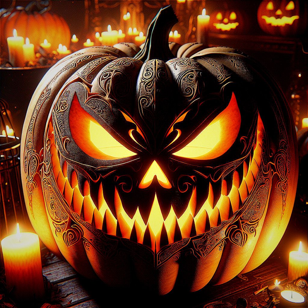 Intricately Carved Pumpkin with Eerie Glow and Atmosphere