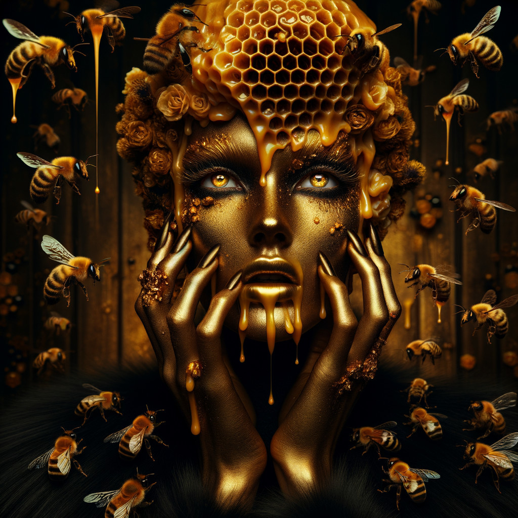 Surreal Portrait of a Golden-Hued Figure with Bees