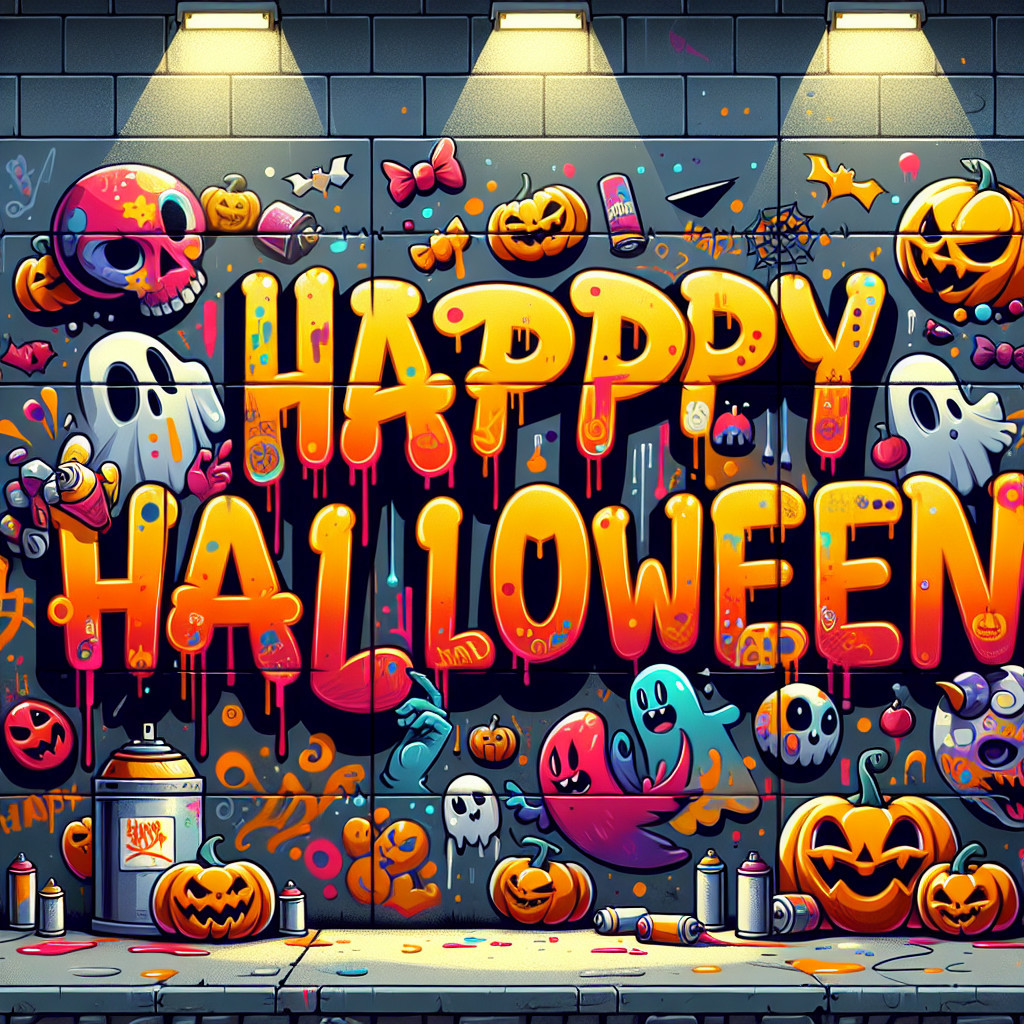 Vibrant Halloween Mural with Graffiti and Icons