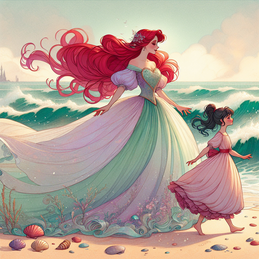 Ocean Scene with Woman and Young Girl by Waves