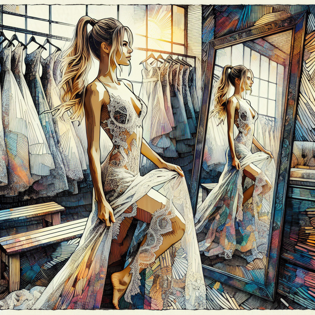 Elegant Woman in Lace Wedding Gown at Dress Shop