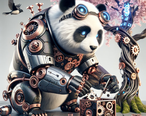 Futuristic Panda with Steampunk Elements in Nature