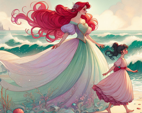 Ocean Scene with Woman and Young Girl by Waves