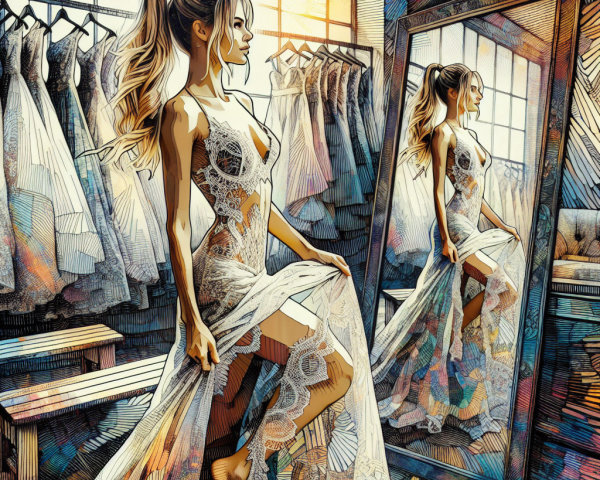 Elegant Woman in Lace Wedding Gown at Dress Shop