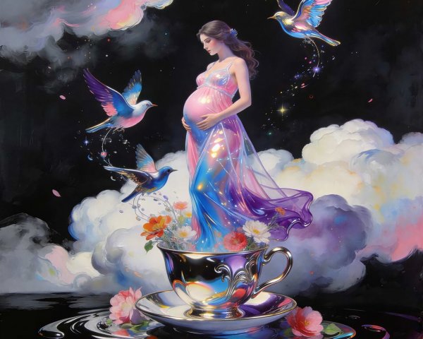 Pregnant Woman in Iridescent Gown in Teacup Setting