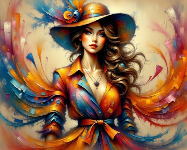 Vibrant Abstract Art of a Woman with Colorful Hat
