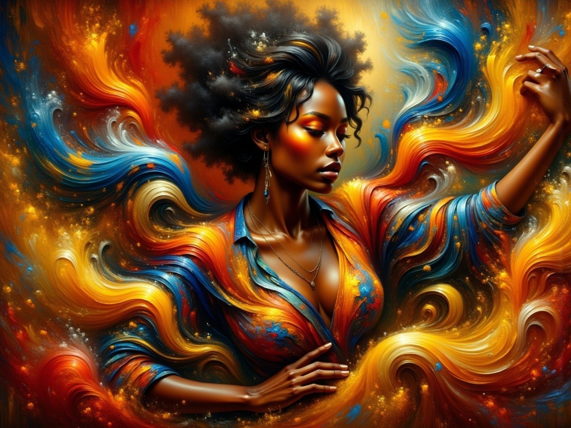 Abstract Artwork of Confident Woman with Curly Hair